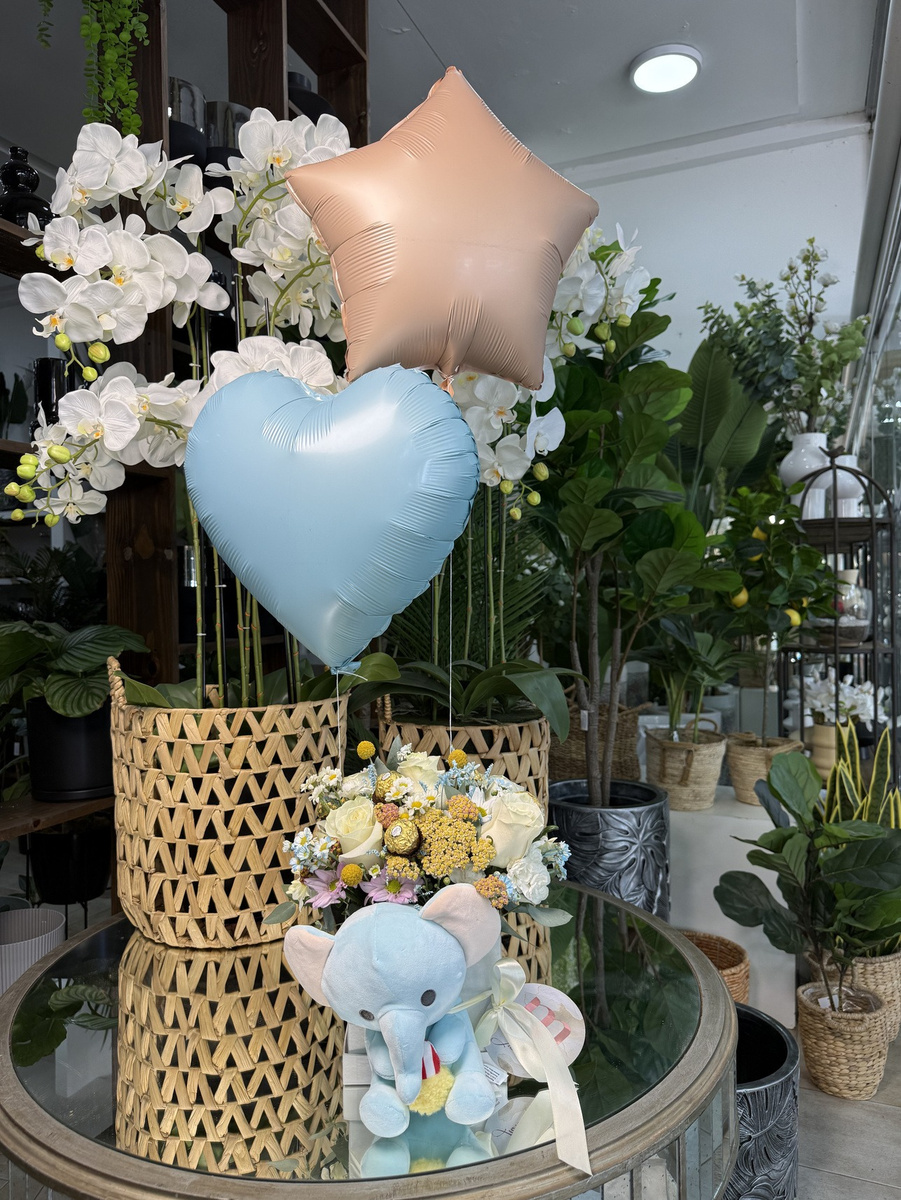 Caja de nacimiento con globos, peluche + bombones