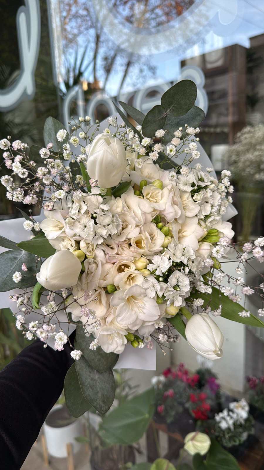 Ramo floral de fresias, tres tulipanes y dianthus