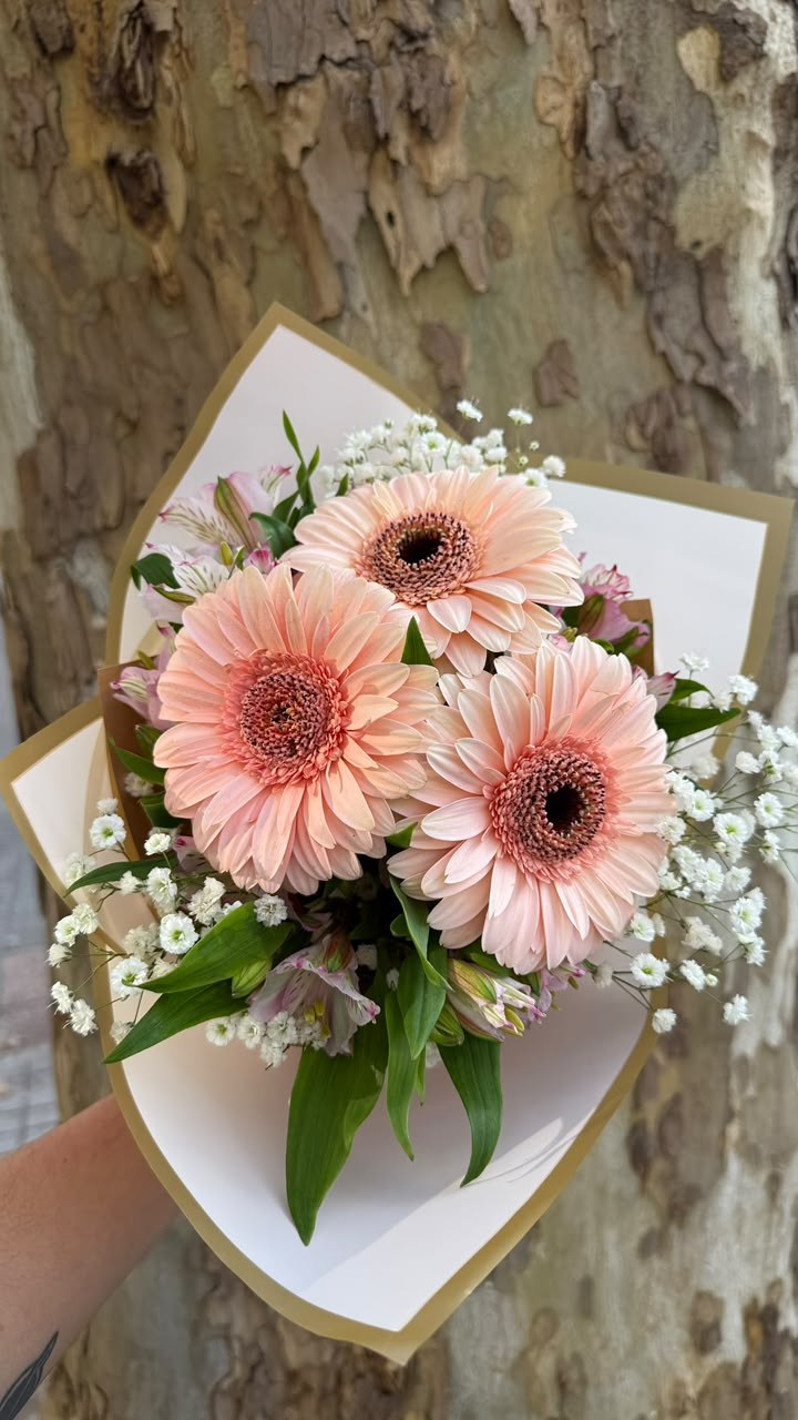 Ramo floral con tres gerberas y astromelias