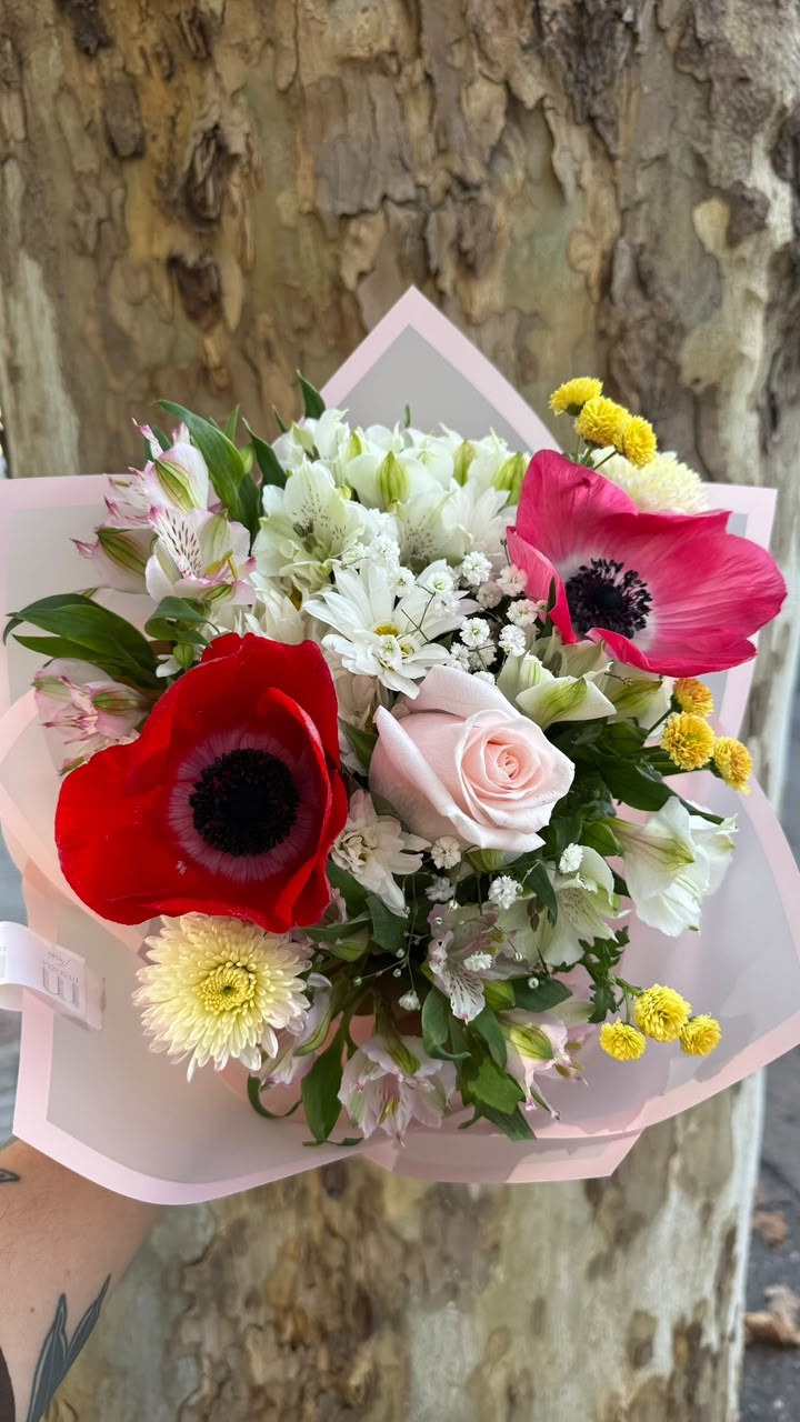 Ramo floral de anemonas, una rosa, margaritas y astromelias