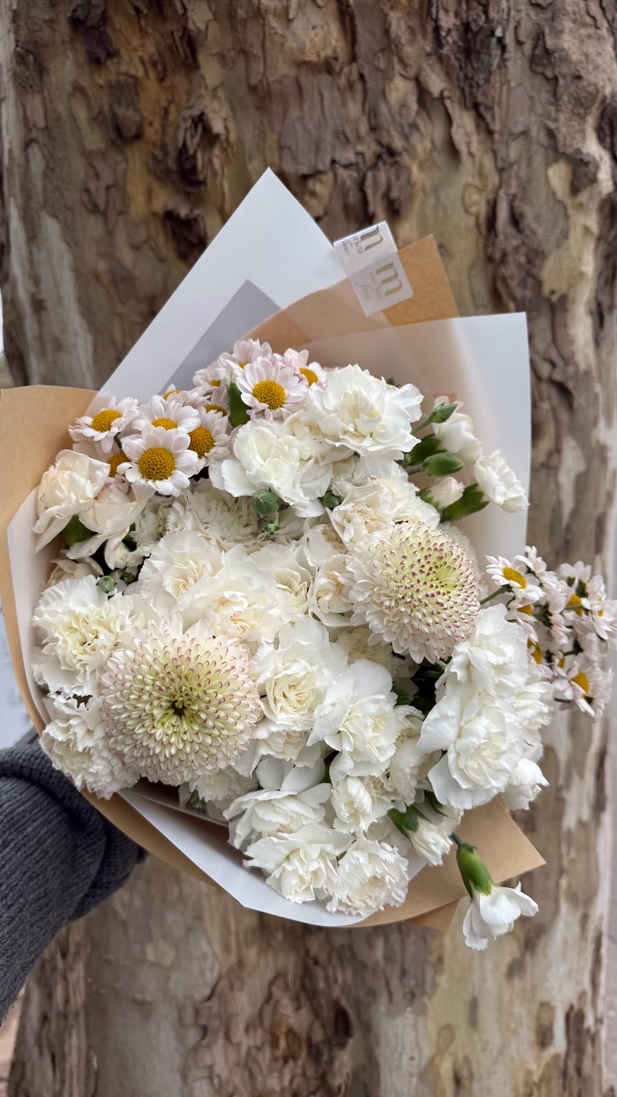 Ramo floral de clavelinas, manzanilla y dos crisantemos pompón